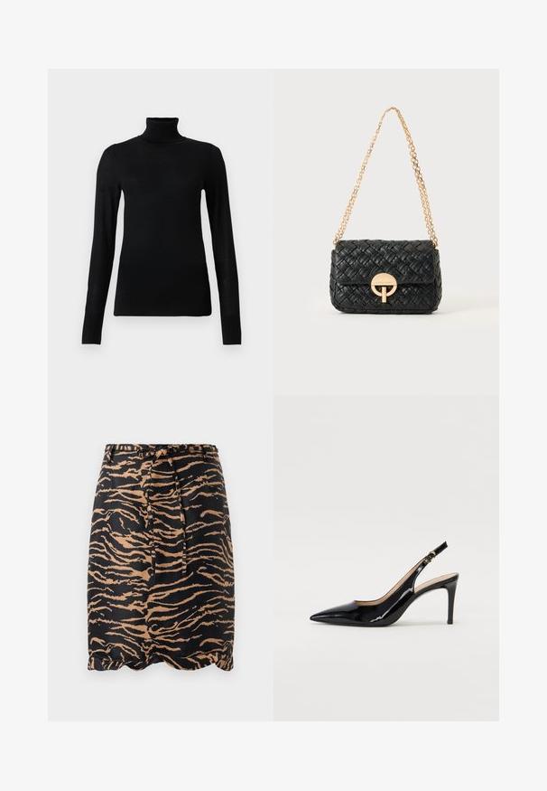 Pull à col roulé noir en matériau doux et léger. Il a des manches longues et une coupe ajustée avec un col haut.; Jupe rayée noir et fauve en tissu lisse, dotée d'une taille à nouer et d'un ourlet en dentelle.; Pompe slingback en cuir verni noir avec un bout pointu, un talon fin et un design de découpes subtil. Elle dispose d'une boucle dorée sur la sangle.; Sac à main noir en cuir tressé avec une bandoulière chaîne dorée et un fermoir rond doré à l'avant, posé sur un fond uni et clair.