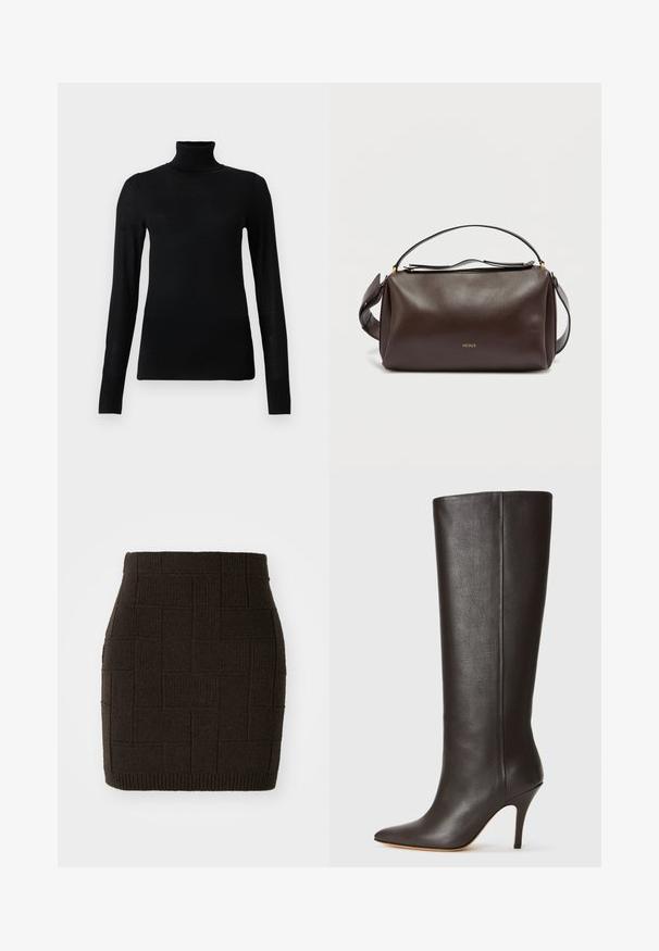 Jersey de cuello alto negro hecho de un material suave y ligero. Presenta mangas largas y un diseño ajustado con un cuello alto.; Falda mini de punto marrón oscuro con un patrón texturizado y tejido, y una cintura ajustada. El dobladillo está acanalado para añadir un detalle adicional.; Bota de cuero negra hasta la rodilla con puntera afilada, diseño elegante y tacón alto delgado. Textura suave y un mínimo de detalles.; Bolso de hombro de cuero marrón con un diseño estructurado, que presenta un logo dorado, cierre superior con cremallera y una correa desmontable. Textura suave.