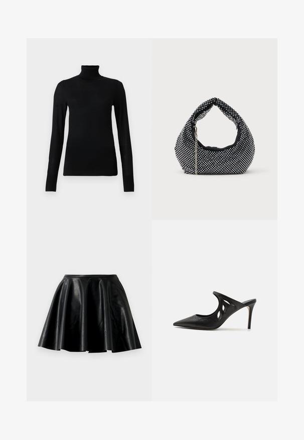 Sort turtleneck sweater lavet af blødt, letvægtsmateriale. Har lange ærmer og en tætsiddende stil med høj krave.; Sort læder nederdel i flare-stil med en glat tekstur, bred kant og en tætsiddende talje. Overfladen har en subtil glans og ingen synlige dekorationer.; Sorte læder højhælede mules med spids tå, udskåret sideskærm og glat tekstur. Stiletthæl og subtil syning.; Sort mesh håndtaske prydet med sølvnitter, udstyret med et buet håndtag og en kædetraspe. Blød tekstur med en rund form.