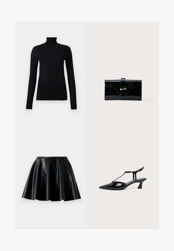 Pull à col roulé noir en matériau doux et léger. Il a des manches longues et une coupe ajustée avec un col haut.; Jupe évasée en cuir noir au toucher lisse, avec un ourlet large et une taille ajustée. La surface a un éclat subtil et ne présente aucun embellissement visible.; Chaussure slingback en cuir verni noir à bout pointu avec bride en T et petit talon bloc incliné sur fond blanc.; Portefeuille rectangulaire brillant noir avec une sangle frontale et une fermeture à boucle en métal argenté, présenté sur un fond blanc uni.