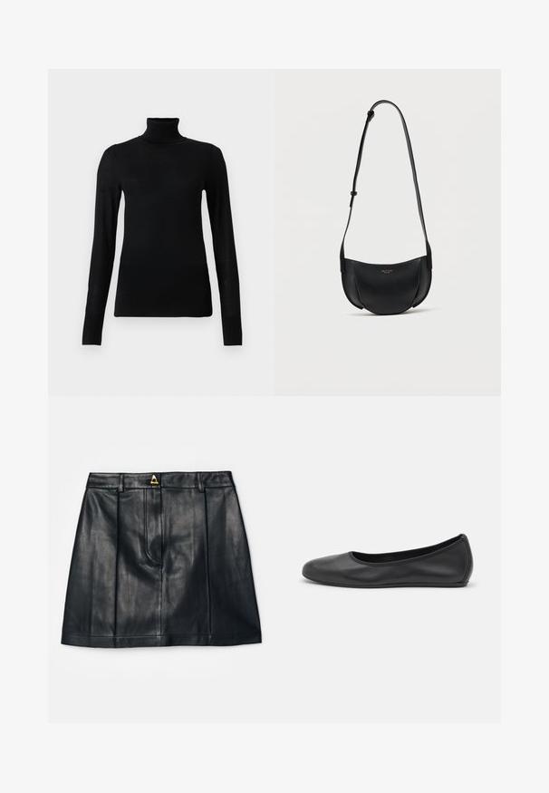 Zwarte coltrui van zacht, lichtgewicht materiaal. Voorzien van lange mouwen en een aansluitend ontwerp met een hoge kraag.; AERON RUDENS SKIRT - A-lijn rok - black; Zwarte leren ballerina met een ronde neus, gladde textuur, minimale stikdetails en een flexibele zoolontwerp.; Zwart leren halvemaanvormige crossbodytas met verstelbare riem en klein gouden logo in het midden aan de voorkant.