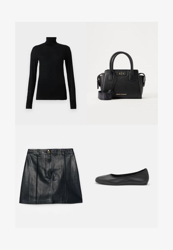 Jersey de cuello alto negro hecho de un material suave y ligero. Presenta mangas largas y un diseño ajustado con un cuello alto.; AERON RUDENS SKIRT - Falda acampanada - black; Bailarina de piel negra con punta redondeada, textura suave, detalle de costura minimalista y diseño de suela flexible.; Bolso negro Armani Exchange con asas dobles, logotipo de la marca dorado en el frente y una correa de hombro ancha, negra y ajustable con texto Armani.