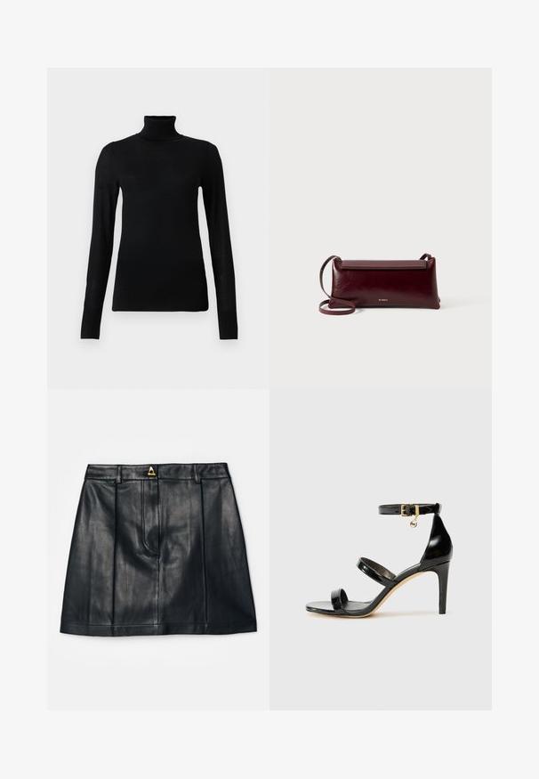 Jersey de cuello alto negro hecho de un material suave y ligero. Presenta mangas largas y un diseño ajustado con un cuello alto.; AERON RUDENS SKIRT - Falda acampanada - black; Sandalia de charol negro con tres correas, hebilla en el tobillo y tacón de aguja de 10 cm. Presenta detalles de hardware en oro y un charm con el logo.; Bolso bandolera de cuero burdeos con textura suave, forma rectangular, cierre de solapa y una correa delgada y ajustable. Detalle del logo en dorado visible.