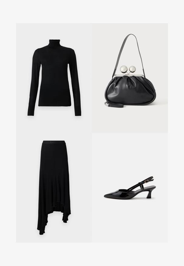 Sort turtleneck sweater lavet af blødt, letvægtsmateriale. Har lange ærmer og en tætsiddende stil med høj krave.; Sort asymmetrisk nederdel med en bølget kant, lavet af blødt, strækbart materiale, med en bred taljebånd med præget branding.; Sort laklæderslingback med lille hæl, spids tå og justerbar guldlåsrem på hvid baggrund.; Sort læderhåndtaske med opsamlet design, en enkelt rem, sølv metalramme og to store runde sølv lukninger.