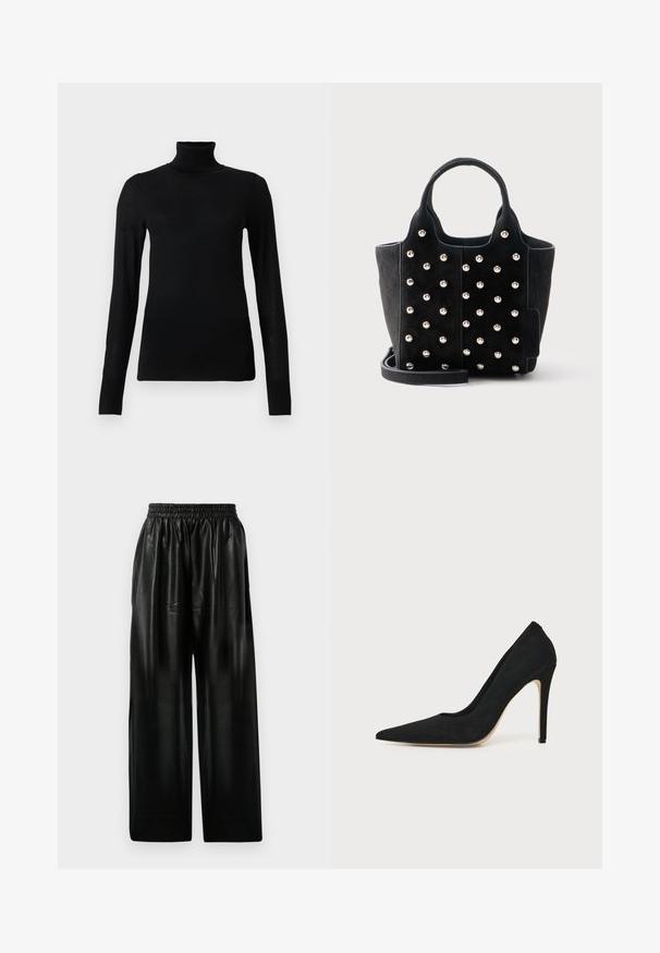 Sort turtleneck sweater lavet af blødt, letvægtsmateriale. Har lange ærmer og en tætsiddende stil med høj krave.; Sorte læder brede bukser med elastisk talje, der har to sidelommer og en glat, blank overflade.; Sort højhælet stiletpump med spids tå og glat tekstur, vist fra siden på en ensfarvet lys baggrund.; Sort ruskindstaske med runde sølvnitter, to korte håndtag og en aftagelig skulderrem på hvid baggrund.