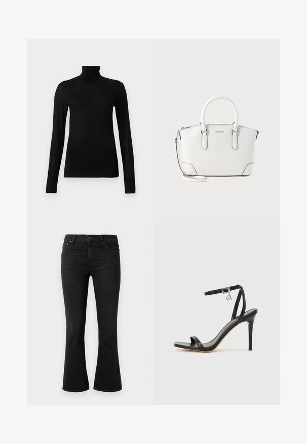 Sort turtleneck sweater lavet af blødt, letvægtsmateriale. Har lange ærmer og en tætsiddende stil med høj krave.; Sort flagrende jeans i denim stof, med et klassisk 5-lomme design, frontlukning med knap og let slid på lårene.; Sort hæl-sandal med smal ankrem, firkantet tå-boks, glat lædermateriale og metalspænde som pynt.; Hvid læderhåndtaske med en grynet struktur, afrundede top-hanke, en aftagelig skulderrem og sølvfarvede hardware-detaljer.