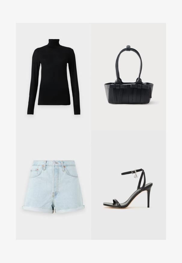 Sort turtleneck sweater lavet af blødt, letvægtsmateriale. Har lange ærmer og en tætsiddende stil med høj krave.; Lyseblå denim shorts med høj talje, opadvendte manchetter, kobbernitter og en frontlynlås. Har klassisk fem-lomme stil.; Sort hæl-sandal med smal ankrem, firkantet tå-boks, glat lædermateriale og metalspænde som pynt.; Sort læderhåndtaske med to håndtag, dekorative remme og en rektangulær bund på en ensartet lys baggrund.