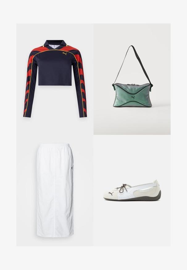 Marineblå langærmet cropped polo-shirt med røde og gule buede detaljer på ærmerne. Glat, letvægtsstof med klassisk krave.; Hvid midi-nederdel med elastisk talje, ensartet tekstur, lige snit og en subtil detalje med sidelommer.; Hvid og grå slip-on sneaker med brune snørebånd, Puma-logo foran og tekstureret mørk sål, vist i sideprofil på hvid baggrund.; Lille grøn iriserende skuldertaske med sort kant, sort justerbar rem, lynlås og Puma-logo på forsiden i midten.