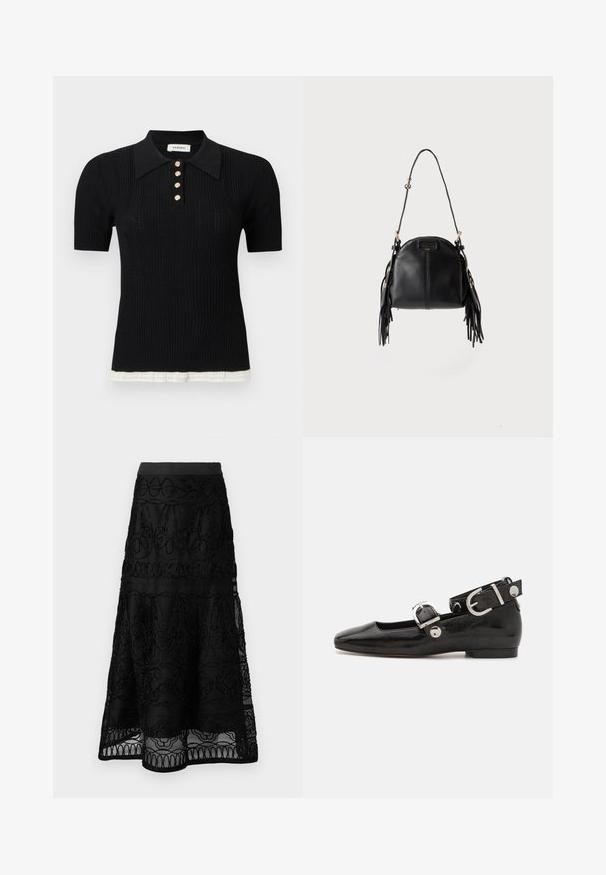Polo en maille noire à manches courtes avec texture côtelée, cinq boutons dorés, col pointu et bordure blanche à l'ourlet.; Jupe midi noire en tissu de dentelle superposée avec des détails de broderie florale et géométrique.; Ballerine en cuir verni noir avec un bout carré, sangle de cheville avec des détails en métal argenté et semelle plate. Texture lisse avec un design minimaliste.; Sac à main en cuir noir avec une forme courbée, une longue bandoulière réglable et des franges de chaque côté sur un fond clair.