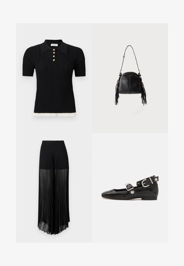 Polo en maille noire à manches courtes avec texture côtelée, cinq boutons dorés, col pointu et bordure blanche à l'ourlet.; Pantalon noir taille haute à jambes larges et plissées, avec tissu transparent de mi-cuisse jusqu'à l'ourlet, présenté sur un fond uni.; Ballerine en cuir verni noir avec un bout carré, sangle de cheville avec des détails en métal argenté et semelle plate. Texture lisse avec un design minimaliste.; Sac à main en cuir noir avec une forme courbée, une longue bandoulière réglable et des franges de chaque côté sur un fond clair.