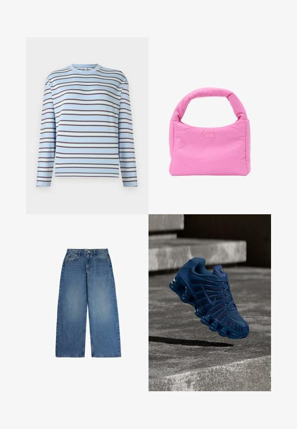 Langärmeliges T-Shirt aus hellblauer Baumwolle mit horizontalen Streifen in Braun, Creme und Blau. Rundhalsausschnitt mit einfacher Nahtverzierung.; Weiße Jeans mit weitem Bein aus hellblauem Denim, mit hoher Taille, Fünf-Taschen-Design und distressed Textur. Klassische Nähte sichtbar.; Dunkelblauer Nike-Laufschuh mit strukturiertem Mesh-Obermaterial und segmentierter Sohle, der über Betontreppen in einer Außenanlage schwebt.; Pinke, gepolsterte Handtasche mit dickem Griff und dezentem FILA-Logo in der Mitte vorne, dargestellt vor weißem Hintergrund.