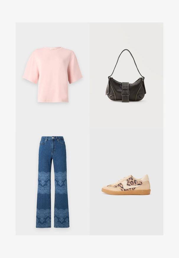 Blusa rosa claro, de manga corta y cuello redondo, con un corte holgado y costuras mínimas, mostrada sobre un fondo liso gris claro.; Vaqueros azules de tiro alto y pierna recta con patrones florales y encaje en azul claro en los muslos y pantorrillas, con botones y bolsillos delanteros.; Zapatillas de leopardo con parte superior de ante beige, suela de goma marrón y acentos blancos. Punta redonda y diseño con cordones con un acabado texturado.; Bolso de hombro de cuero negro con detalle de correa con hebilla, bordes curvos y costuras blancas en contraste sobre un fondo liso.
