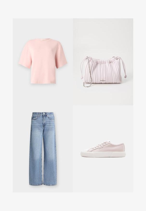 Lyserød bluse med korte ærmer og rund hals med afslappet pasform og minimal syning, vist på en ensartet lysegrå baggrund.; Lyseblå vidde jeans med forlommer, bæltestropper, knaplukning og falmede detaljer på lårene.; Lav lyserød canvas sneakers med lavt snit, hvid gummisål, hvid tåhætte, snørebånd og Calvin Klein logo-tag på siden.; Rosa plisseret håndtaske lavet af kunstlæder, med snørelukning og en sølvfarvet kædrem. Glat tekstur, kompakt form.
