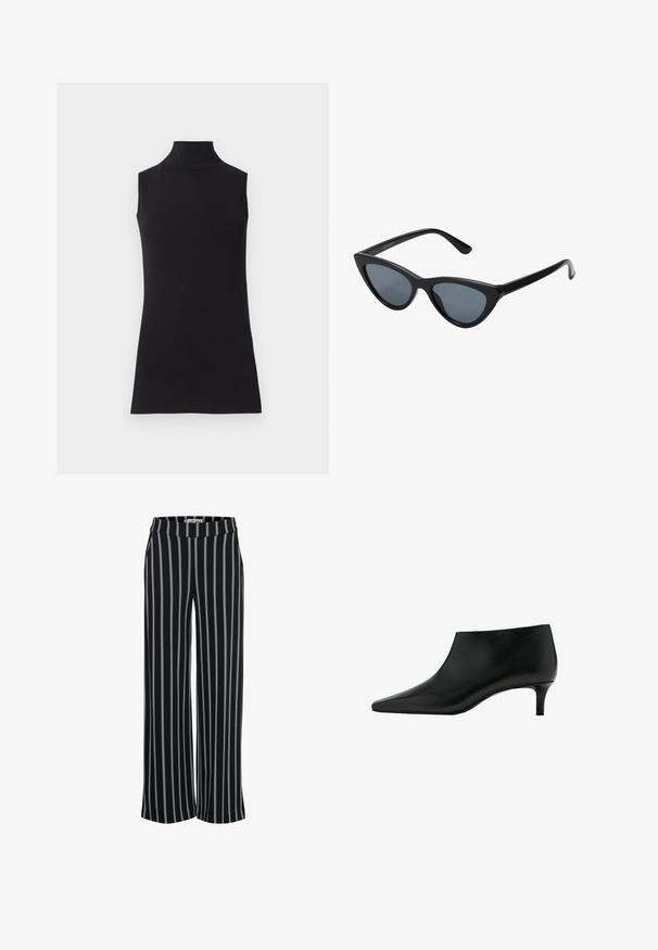 Sort ærmeløs turtleneck top, lavet af glat stof. Figurtilpasset design med høj hals og lige kant, minimalistisk og ensfarvet.; Sorte stofbukser med lodrette blå striber, bred ben-design og elastisk talje. Glat tekstur, ingen synlige lukninger.; Sort læderankelstøvle med spids tå og lavt kittenhæl, designet til elegant og formelt brug.; Sorte katteøje solbriller med mørkegrå linser, slankt plastisk stel, spidse hjørner og lige stænger. Ingen synlig hardware eller dekorationer.