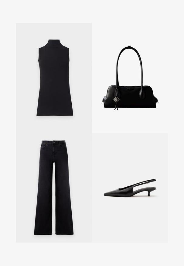 Sort ærmeløs turtleneck top, lavet af glat stof. Figurtilpasset design med høj hals og lige kant, minimalistisk og ensfarvet.; Højtaljede sorte wide-leg jeans med frontlommer, bælteløkker og knappelukning.; Sort læder slingback sko med spids tå og lav lille hæl på en ensartet lys baggrund.; Sort lædertaske fra Calvin Klein med lange håndtag, en forside-logo-tag og en sølv geometrisk vedhæng, der hænger fra det ene håndtag.