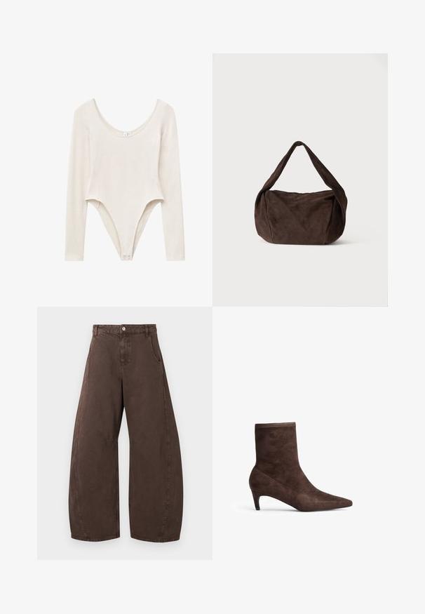 Lange mouwen body in een zachte beige stof, met een ronde halslijn, aansluitende pasvorm en drukknopen aan de onderkant.; Bruine broek met wijdere pijpen en hoge taille, met drukknoop en rits aan de voorkant en zijzakken, plat weergegeven op een witte achtergrond.; Bruine suède enkelboot met een spitse neus en slanke hak. Heeft een zachte textuur en een hoge schachtontwerp.; Zachte donkerbruine suède schoudertas met een brede riem en een soepele, afgeronde rechthoekige vorm op een effen lichte achtergrond.