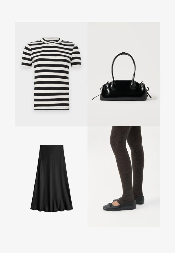 Zwart-wit gestreepte short-sleeve ribgebreide t-shirt met een ronde halslijn en een getailleerd silhouet. Zachte textuur overal.; Zwarte satijnen A-lijn rok met een gladde textuur en vloeiende zoom, knielengte, weergegeven op een witte achtergrond.; Benen met donkere geribbelde leggings gecombineerd met zwarte ballerina's met kleine strikdetails op een witte achtergrond.; Kleine zwarte glanzende handtas met twee lange hengsels en zijkant trekkoord details op een effen lichte achtergrond.