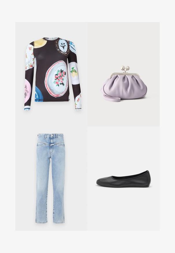 Langærmet skjorte med mørk bund, der har farverige malede tallerkenmotiver med blomster- og frugtmønstre på front og ærmer.; Lys blå denim jeans med høj talje og lige pasform. Har subtil falming, standard fem-lomme design og metalknaplukning.; Sort læderballetsko med rund tå, glat tekstur, minimal syning og et fleksibelt såldesign.; Blød lavendel clutch med opsamlet stof, sølv kiss-lock lås og matchende håndledsrem på en ensfarvet lys baggrund.
