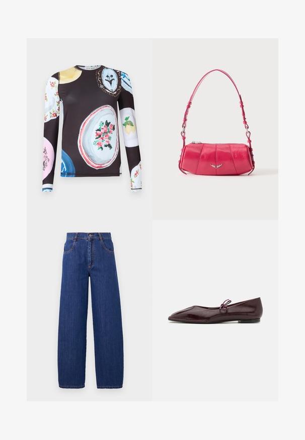 Langärmeliges Hemd mit dunklem Grund, das bunte, gemalte Tellerdesigns mit Blumen- und Fruchtmotiven auf Vorderseite und Ärmeln zeigt.; Weite blaue Denim-Jeans mit hoher Taille, vorne mit Taschen und orangefarbener Naht. Der Stoff hat eine glatte Textur mit einem klassischen Finish.; Ballerinas aus bordeauxrotem Lackleder mit einer spitzen Zehenform und einem dekorativen lila Bogen auf dem Blatt; flaches Sohlen-Design.; Kleine glänzende rosa Leder-Schultertasche mit silbernem Flügel-Emblem und verstellbarem Riemen, Reißverschluss oben, auf weißem Hintergrund präsentiert.