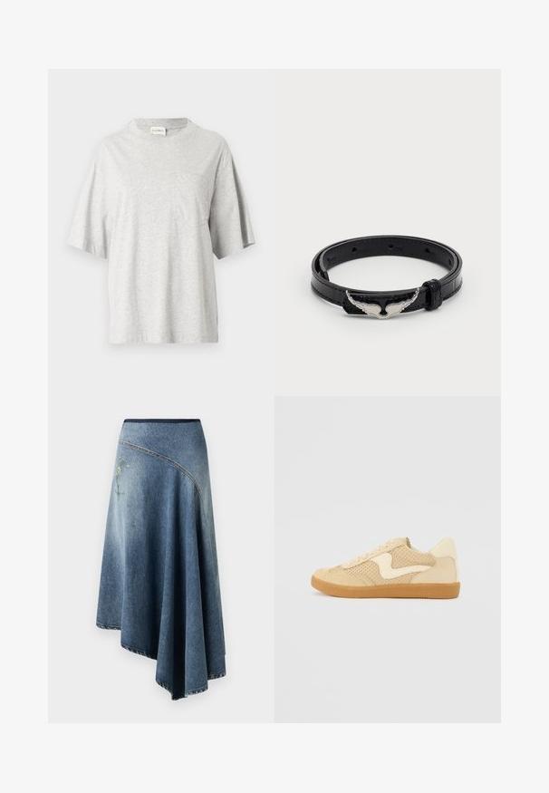 Graues Baumwoll-T-Shirt mit rundem Ausschnitt, kurzen Ärmeln und einer Brusttasche auf der linken Seite. Verfügt über ein kleines Etikett an der Seitennaht.; Denim-Wickelrock in einem hellen bis dunklen Blauton-Gradient, mit einem gestickten Blumenmuster auf einer Seite und sichtbaren Stichdetails entlang der Ränder.; Beige Sneaker aus Wildleder und Mesh-Materialien, runde Form, auffälliger gepolsterter Kragen und eine Sohle aus Gummi. Verfügt über ein wellenförmiges Design-Highlight.; Schwarzes Lederarmband mit glänzender Oberfläche, ausgestattet mit einem silberfarbenen, flügelartigen Verschluss und mehreren Anpassungslöchern.