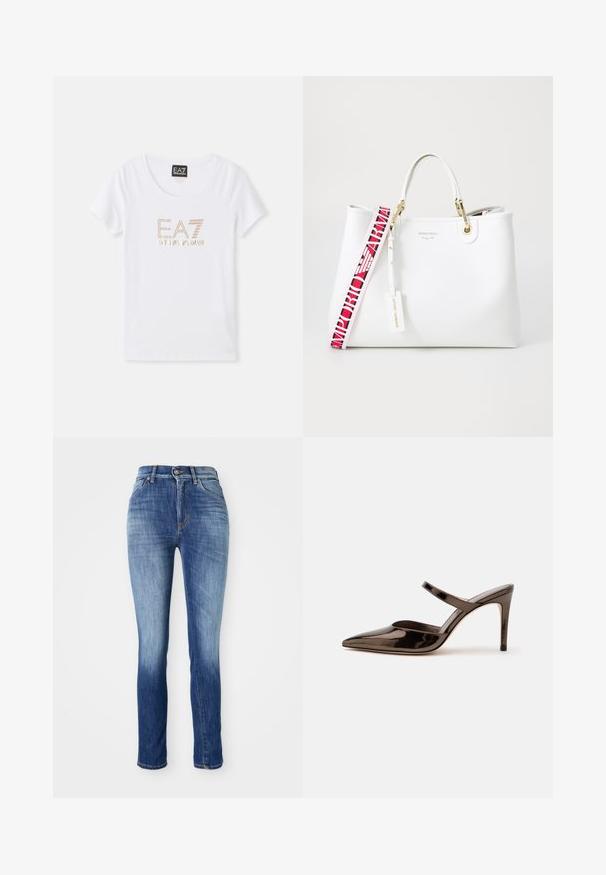 T-shirt en coton blanc avec un col rond, arborant un logo en strass doré "EA7 EMPORIO ARMANI" centré sur le devant.; Jean skinny en denim bleu moyen, avec un effet délavé, un design à cinq poches, des passants de ceinture et une fermeture à bouton métallique.; Mule à talon haut marron foncé brillant à bout pointu avec une fine bride sur le coup de pied sur fond blanc uni.; Sac tote blanc avec des détails en or, incluant une bandoulière colorée portant l'inscription "Emporio Armani" et une étiquette, sur fond uni.