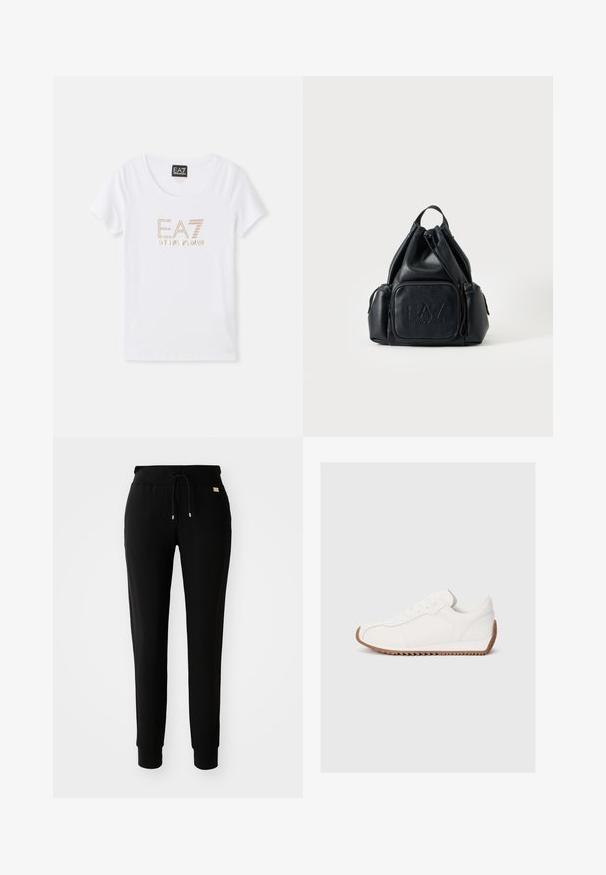 Witte katoenen T-shirt met een ronde hals, voorzien van een gouden strass logo "EA7 EMPORIO ARMANI" gecentreerd aan de voorkant.; Zwarte tapered sweatpants met een tailleband met trekkoord en manchetten bij de enkels, weergegeven op een eenvoudige witte achtergrond.; Witte sneaker met een glad leren bovenwerk, een gestructureerde rubberen zool, een ronde teen en subtiele stiksels. Contrasterende bruine rubberen buitenzool.; Zwarte leren rugzak met trekkoord, met voor- en zijvakken met rits, met geperst "EA7 Emporio Armani" logo op het voorvak.