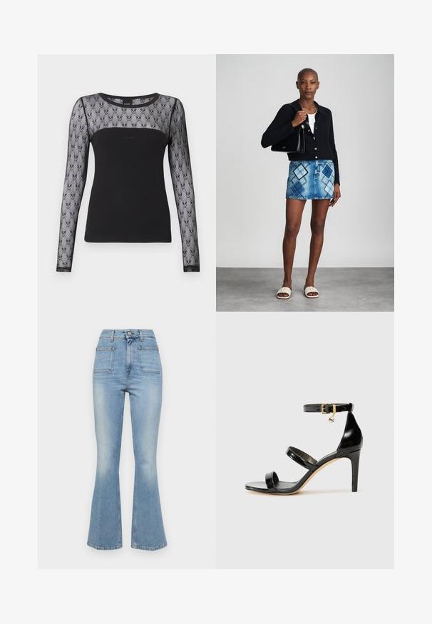 Schwarzes langärmeliges Oberteil mit transparentem Netzstoff im oberen Brust- und Ärmelbereich, der ein wiederholendes Blumen-Spitzenmuster zeigt.; Helle blaue Schlagjeans mit hoher Taille, fünf Taschen und einem subtilen Verblassungseffekt nahe dem Saum. Aus Denim-Baumwollstoff gefertigt.; Schwarze Lackleder-Sandale mit drei Riemen, Knöchelriemen und 10 cm hohen Stiletto-Absatz. Verfügt über goldfarbene Hardware-Details und ein Logo-Charm.; Schwarze Strickjacke, weißes Oberteil, Jeansrock mit blauem und schwarzem Diamantenmuster, schwarze Handtasche und beige Rutschsandalen.