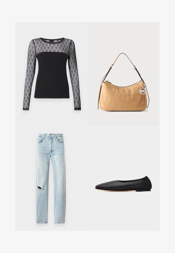 Zwart lange mouwen top met doorschijnend mesh op het bovenste deel van de borst en mouwen, voorzien van een repeterend bloemenkantpatroon.; Lichtblauwe denim jeans met een rechte snit, voorzien van een grote scheur op de linkerknee en een klassieke vijf-pocketontwerp.; Zwarte ballerinas van geperforeerd leer met spitse neus en lage hak, zijaanzicht op een witte achtergrond.; Schoudertas van cognackleurig leer met verstelbare riem, zilveren rits en een ronde metalen MK-logo bedel die aan de zijkant hangt.
