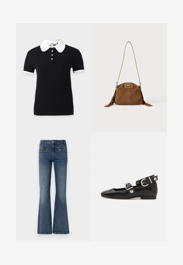 Sort ribbet top med korte ærmer med hvidt bølget krave- og ærmekant, med fire gyldne knapper foran ved halsudskæringen.; Blå denim jeans med flare ben og en middelhøj talje, med for- og baglommer samt en subtil falmet vask.; Sorte patenteret lædersko med firkantet tå, ankelrem med sølvhardware og flad sål. Glat tekstur med minimalistisk design.; Brun ruskind skuldertaske med lang rem, rektangulært håndtagsudskæring og kvastdetaljer på siderne mod hvid baggrund.