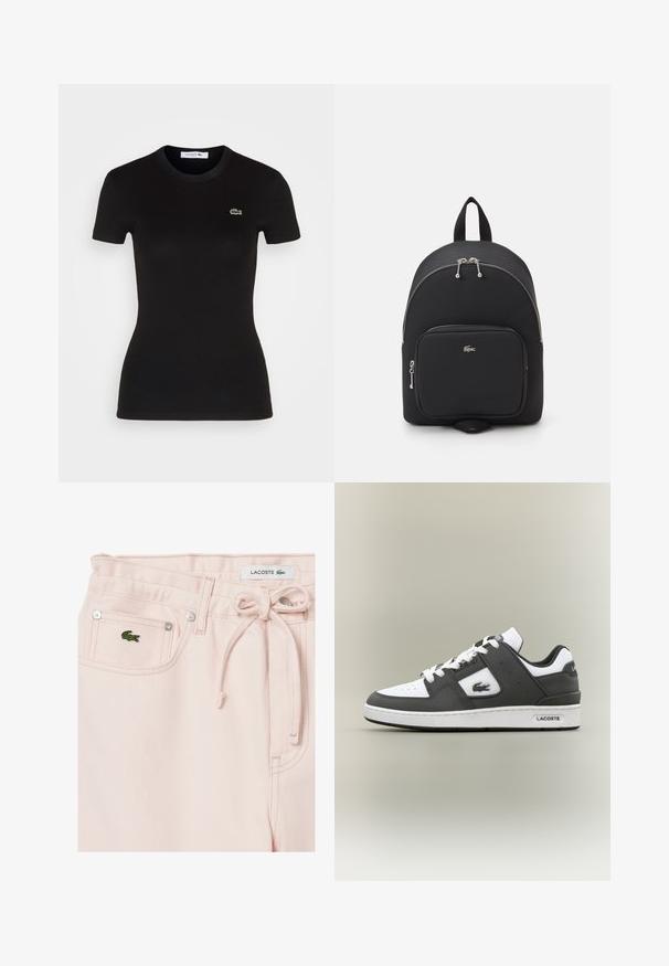 Zwart geribd T-shirt met korte mouwen en een ronde hals, met een klein groen Lacoste krokodil logo op de linkerkant van de borst.; Lichtroze denimshorts met een aansnoerbare taille, zilverkleurige hardware en een klein groen Lacoste krokodillenlogo op de voorzak.; Zwart-witte Lacoste sneaker met witte veters, geperforeerde neus, krokodillogo aan de zijkant en merksol op een neutrale achtergrond.; Zwarte nylon rugzak met een ronde vorm, zilveren ritsen, een voorkant met een ritsvak en een klein logo. Voorzien van een handvat aan de bovenkant en gewatteerde schouderbanden.