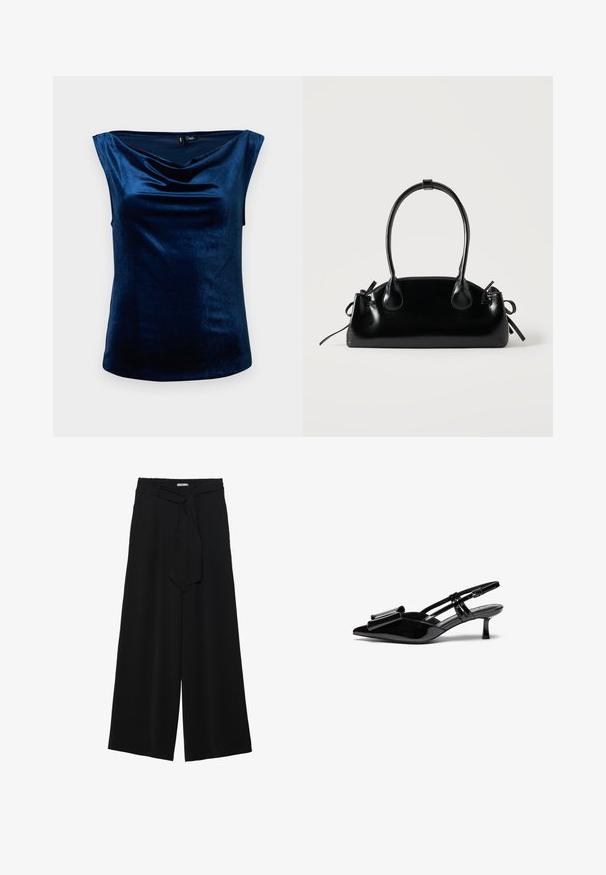 Top sans manches bleu marine réalisé en tissu doux et brillant, avec un col drapé et une silhouette ajustée, texture lisse et ourlet arrondi.; Pantalons larges noirs en tissu texturé, avec une taille élastique et une ceinture à nouer amovible à la taille pour un ajustement variable.; Talons aiguilles en cuir verni noir avec un bout pointu, un détail en nœud à l'avant et un petit talon stiletto. Les brides sont équipées de boucles ajustables.; Petit sac à main noir brillant avec deux longues anses et des détails à cordon sur les côtés sur un fond clair uni.