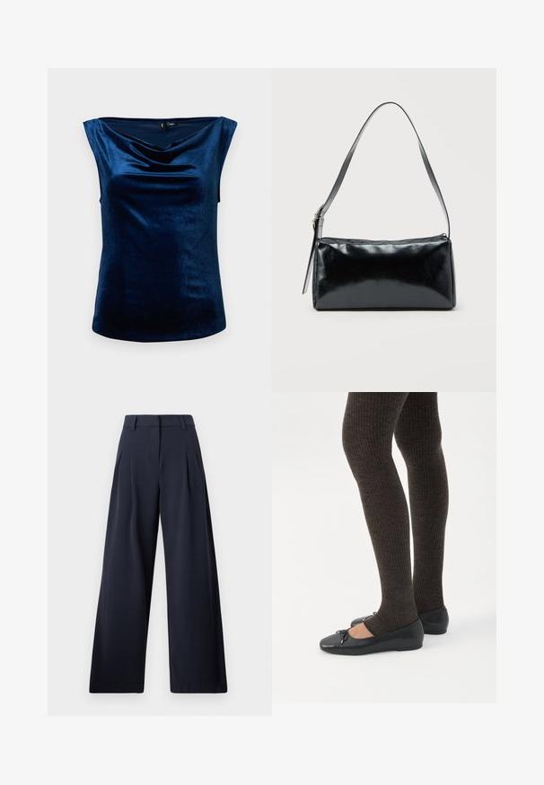 Top sans manches bleu marine réalisé en tissu doux et brillant, avec un col drapé et une silhouette ajustée, texture lisse et ourlet arrondi.; Pantalons larges navy avec une texture lisse, présentant des plis avant et une taille classique, conçu pour un ajustement décontracté.; Jambes portant des leggings côtelés foncés associés à des ballerines noires avec de petits détails en nœud sur fond blanc.; Sac d'épaule rectangulaire noir avec une sangle réglable unique et une fermeture éclair supérieure sur un fond uni.