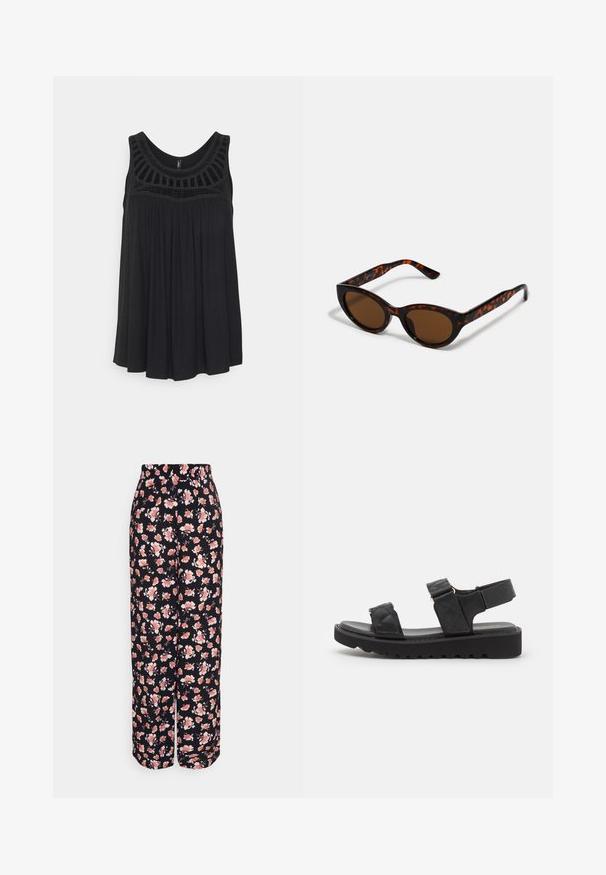 ONLY ONLLINE CROCHET - Top - black; Anna Field Tall by Zalando Bukser - black/multi-coloured; Sorte platform sandaler med quiltede stropper, åben tå og justerbar ankelrem. Tekstureret gummisål med zigzag mønster for godt greb.; Brune skildpadde solbriller med en vintage katteøje-form og brune linser. Har buede arme med røde detaljer.