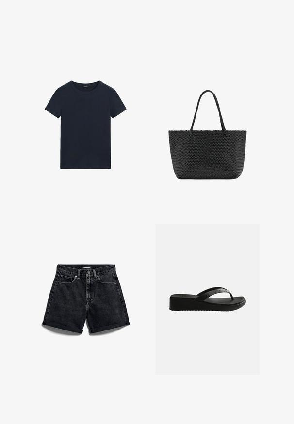 Effen zwarte T-shirt met korte mouwen en een ronde hals, met een klein zwart label aan de achterkant binnenin de kraag op een witte achtergrond.; Zwarte denimshorts met een hoge taille, opgerolde zomen en vijfzakkenontwerp. Voorzien van een knoopsluiting en contrasterende stiksels.; Zwarte sleehak slippers met een gestructureerd voetbed en dunne bandjes met subtilistisch merklogo op een witte achtergrond.; Zwarte geweven draagtas met twee gevlochten handvatten, rechthoekige vorm en gestructureerd patroon, afgebeeld op een effen witte achtergrond.