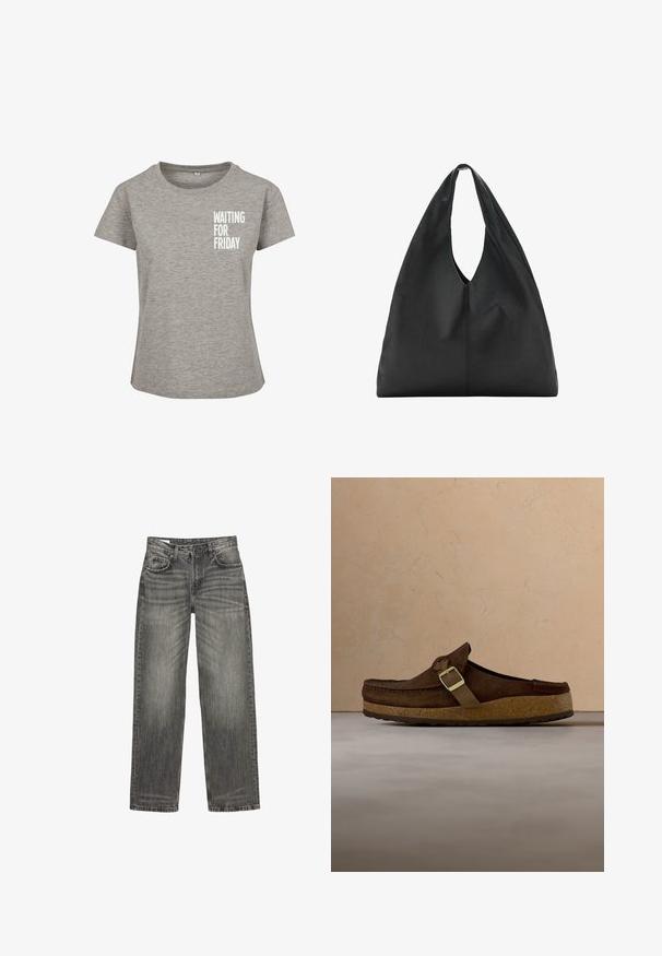 Grijs T-shirt met korte mouwen van zachte stof, met daarop in het wit de tekst "WACHTEND OP VRIJDAG" gedrukt op de linker borst.; Grijze denim jeans met een relaxte pasvorm, voorzien van vijf zakken, subtiele vervaging en een rechte pijpdesign. Classic tailleband met riemlussen.; Bruine suède instapschoen met een kurken zool, voorzien van een decoratieve metalen gesp en een strikaccent, tegen een lichte, textuurrijke achtergrond.; Zwarte leren schoudertas met een groot, nonchalant ontwerp en een diepe, langgerekte uitsnede als handvat voor gemakkelijk dragen. Gladde textuur, minimalistische stijl.