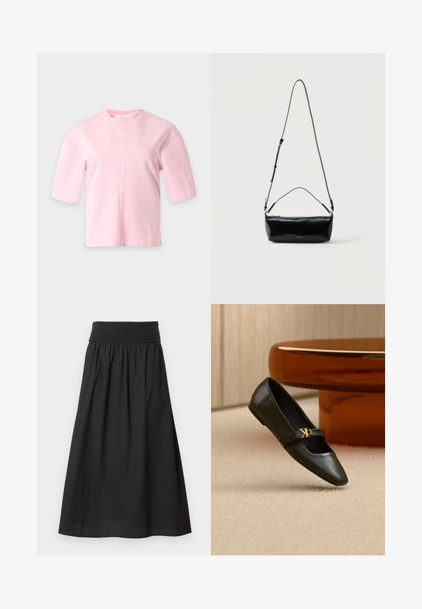 T-shirt rose clair à manches courtes, col rond et détail de couture verticale centrale sur un fond gris clair uni.; Jupe maxi noire en tissu léger, dotée d'une large ceinture élastique et d'une texture froncée, avec un ourlet lisse.; Chaussure plate en cuir noir avec bout pointu et logo CK doré sur la bride, posée sur un tapis beige près d'une table ronde couleur ambre brun.; Sac bandoulière rectangulaire en cuir noir avec bandoulière ajustable, fermeture éclair sur le dessus et petit logo Calvin Klein doré sur le devant.