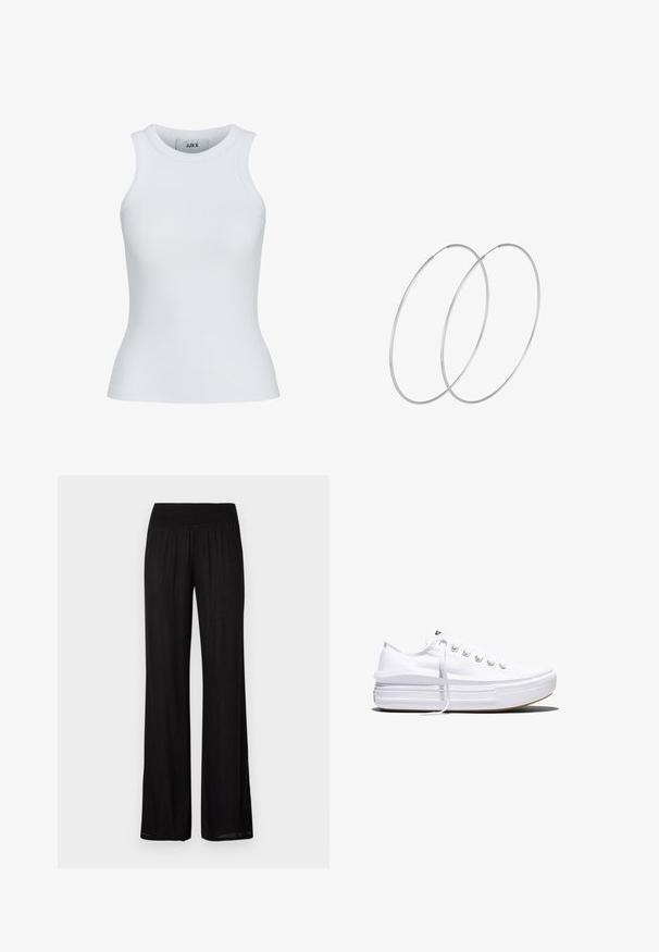 Hvid ribbet tanktop med en rund udskæring og ærmeløst design. Har en slim fit og blød tekstur, velegnet til lagpåsætning.; Sorte brede bukser med smocket talje, lavet af letvægtsstof med en subtil tekstur og en lige, flydende pasform.; Hvid lavt snørestøvle med tyk plateau-sål, snørelukning foran og gummiforstærket tåkap, set i sideprofil.; Sølvøreringe med et minimalistisk design. Cirkulær form, glat tekstur og tynd profil. Letvægtige med en poleret overflade.