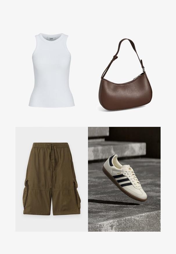 Débardeur blanc à côtes avec un col rond et sans manches. Il présente une coupe slim et une texture douce, idéal pour le superposition.; Shorts cargo vert olive en tissu léger. Dotés d'une taille élastique, d'un cordon de serrage et de deux poches cargo latérales.; Baskets blanches Adidas Samba avec des bandes noires et une semelle en gomme, flottant au-dessus de marches en béton gris texturé.; Petit sac bandoulière en cuir marron avec sangle réglable et fermeture éclair, présenté sur fond blanc. Aucun logo ou décoration visible.