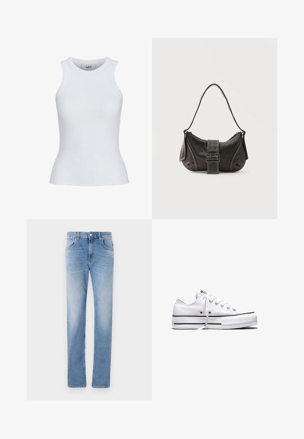 Weißes, geripptes Tanktop mit runder Ausschnittform und ärmellosem Design. Hat eine Slim-Fit-Passform und eine weiche Textur, ideal zum Lagenlook.; Helle blaue Jeans mit geradem Schnitt, ausgestattet mit fünf Taschen, Knopfverschluss und leichter Verblassung des Stoffs.; Weißer Canvas-Sneaker in niedriger Ausführung mit weißen Schnürsenkeln, schwarzen Streifen an der Sohle und gummiertem, strukturiertem Zehenschutz, Seitenansicht vor weißem Hintergrund.; Schwarze Leder-Schultertasche mit Schnallengurt-Detail, abgerundeten Kanten und kontrastierenden weißen Nähten auf schlichtem Hintergrund.