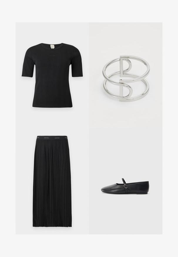 Zwart geribd Calvin Klein topje met korte mouwen, een ronde halslijn en een subtiel geborduurd logo op de borst, op een effen achtergrond.; Zwarte geplooide midi-skirt met een elastische tailleband en herhalend Calvin Klein-logo in het wit.; Zwarte leren balletschoenen met een spitse neus, platte zool en een kleine strap met een zilveren gespsluiting.; Zilveren metalen armband met een dubbel-lusontwerp, voorzien van een gladde, glanzende afwerking en een minimalistisch geometrisch accent.