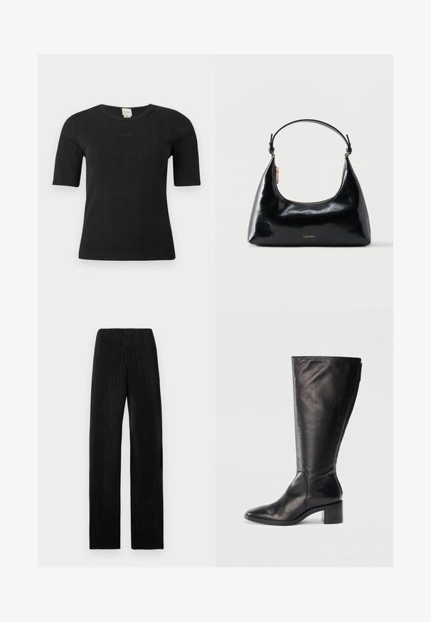 Zwart geribd Calvin Klein topje met korte mouwen, een ronde halslijn en een subtiel geborduurd logo op de borst, op een effen achtergrond.; Zwarte, wijde broek met hoge taille en subtiele verticale plooien, plat uitgespreid op een lichtgrijze achtergrond.; Zwarte leren kniehoog laars met een vierkante neus, blokhak en slank ontwerp. Gladde textuur met een zijrits voor gemakkelijke instap.; Zwarte glanzende Calvin Klein handtas met gouden rits en korte band tegen een effen witte achtergrond.