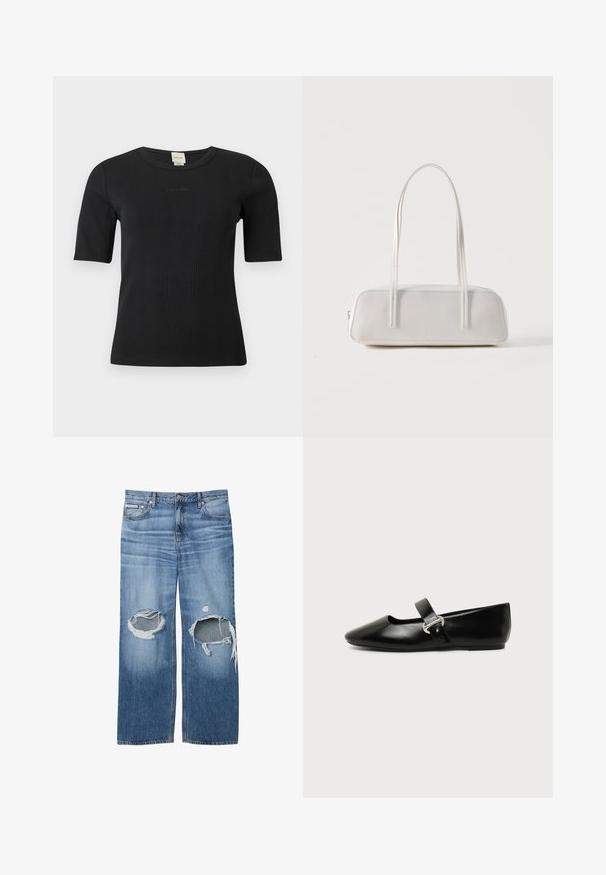 Μαύρο ριμπ μπλουζάκι με κοντά μανίκια Calvin Klein, με στρογγυλή λαιμόκοψη και διακριτικό κεντημένο λογότυπο στο στήθος, σε μονόχρωμο φόντο.; Μπλε τζιν παντελόνια με μεγάλα σκισίματα και στις δύο γόνατες και μια μικρή ετικέτα Calvin Klein στην δεξιά μπροστινή τσέπη.; Μαύρο δερμάτινο παπούτσι Mary Jane με επίπεδη σόλα, στρογγυλεμένη μύτη και ασημένια αγκράφα σε απλό φόντο.; Λευκή ορθογώνια τσάντα ώμου με μακριά λεπτές τιράντες, ελάχιστη ραφή και κλείσιμο με φερμουάρ σε απλό φόντο.