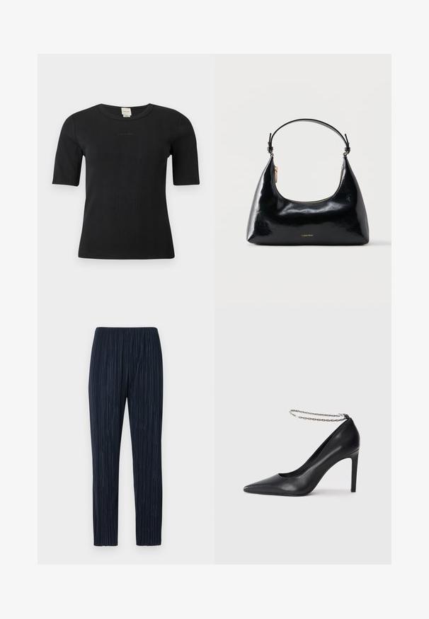 Sort ribbet Calvin Klein top med korte ærmer, rund halsudskæring og diskret logo broderet på brystet mod en ensfarvet baggrund.; Marineblå plisserede bukser med elastisk talje, der har et tekstureret stof, lige ben-design og diskrete lodrette striber throughout.; Sorte læder højhælede pumps med spids tå, der har en tynd sølvkæde ankelrem og en slank, glat tekstur.; Sort blank Calvin Klein håndtaske med gyldent lynlås og kort rem mod en ensfarvet hvid baggrund.