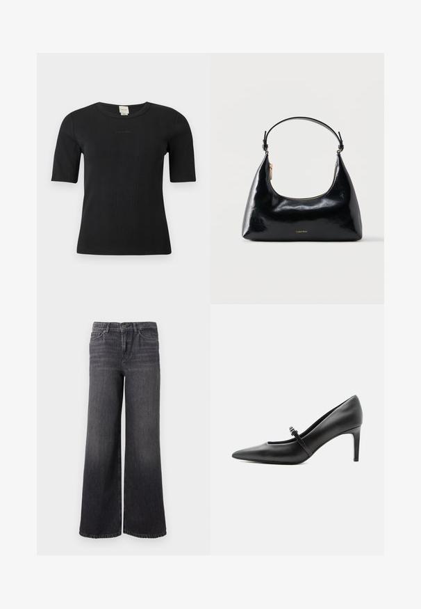 Sort ribbet Calvin Klein top med korte ærmer, rund halsudskæring og diskret logo broderet på brystet mod en ensfarvet baggrund.; Bredde ben mørkegrå denimjeans med en subtil falmning, der har knaplukning, fem lommer og en lige kant ved anklen.; Sort læderspids højhælede sko med tynd rem og spænde over vristen, stående på en neutral lys baggrund.; Sort blank Calvin Klein håndtaske med gyldent lynlås og kort rem mod en ensfarvet hvid baggrund.