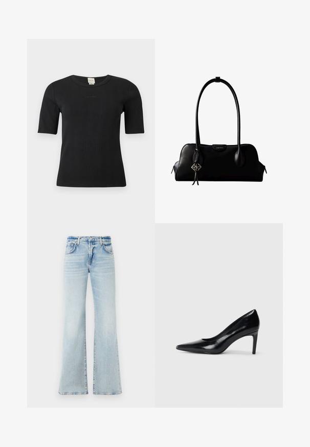 Schwarzes, geripptes Calvin Klein Kurzarmoberteil mit Rundhalsausschnitt und dezentem, auf der Brust aufgesticktem Logo vor einfachem Hintergrund.; Hellblaue, ausgestellte Jeans aus Denim mit weicher Textur, fünf Taschen und Knopfverschluss. Mit Verblassungen für einen getragenen Effekt.; Schwarzer Lederhochschuh mit spitzem Zehenbereich, glatter Textur und schmalem Absatz. Minimalistisches Design, keine zusätzlichen Verzierungen.; Schwarze Lederhandtasche von Calvin Klein mit langen Henkeln, einem vorderen Logo-Tag und einem silbernen geometrischen Anhänger, der an einem Henkel hängt.