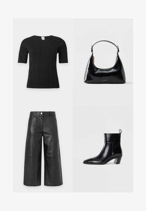 Μαύρο ριμπ μπλουζάκι με κοντά μανίκια Calvin Klein, με στρογγυλή λαιμόκοψη και διακριτικό κεντημένο λογότυπο στο στήθος, σε μονόχρωμο φόντο.; Μαύρα δερμάτινα κολάν με φαρδιά γραμμή, μπροστινές τσέπες, κούμπωμα με κουμπί και λεία, γυαλιστερή υφή.; Μαύρη δερμάτινη μπότα με καμπυλωτή μύτη, γεωμετρικό σωρό μέτρου και θηλίτσα στο πίσω μέρος. Λείο υλικό και κομψός σχεδιασμός.; Μαύρη γυαλιστερή τσάντα Calvin Klein με χρυστό φερμουάρ και κοντό λουρί σε απλό λευκό φόντο.