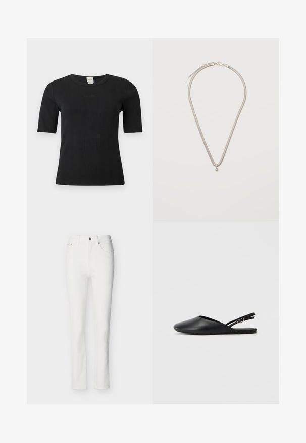 Haut Calvin Klein noir à manches courtes côtelées, col rond et logo discret brodé sur la poitrine, sur un fond uni.; Jean blanc droit avec poches avant, passants pour ceinture, et fermeture par bouton et fermeture éclair.; Chaussures slingback en cuir noir avec un bout pointu, un design incurvé et une sangle réglable à boucle. Texture lisse, semelle plate, détails minimaux.; Collier chaîne fine en argent avec un petit pendentif rond en argent, fermé par un fermoir mousqueton sur un fond blanc uni.