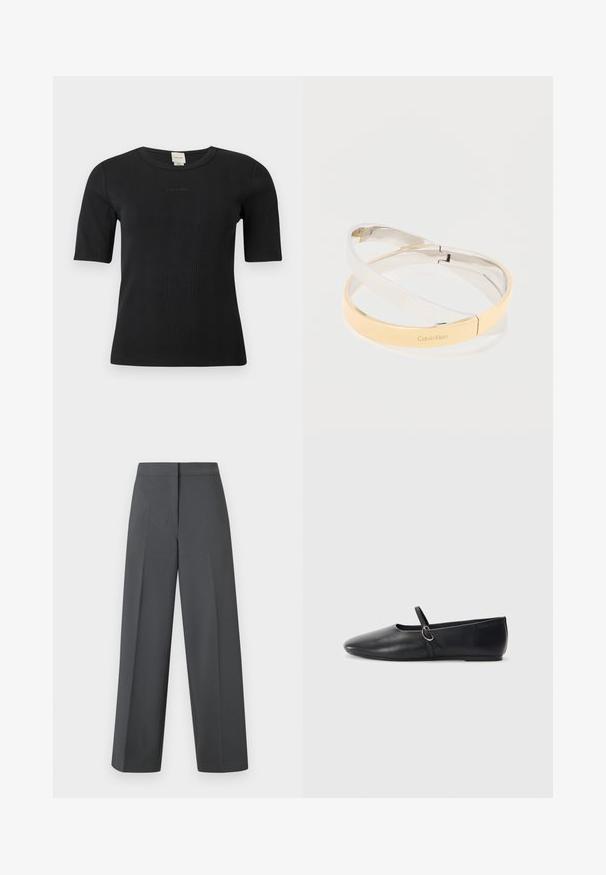 Haut Calvin Klein noir à manches courtes côtelées, col rond et logo discret brodé sur la poitrine, sur un fond uni.; Pantalon à jambes larges gris foncé en tissu lisse, avec une ceinture plate et des détails de couture discrets, présentant un design élégant et ajusté.; Ballerines noires en cuir avec un bout pointu, une semelle plate et une petite sangle avec un détail de boucle en argent.; Bracelets en métal poli entrelacés en tons argent et or, l'un gravé du logo "Calvin Klein", sur un fond blanc.
