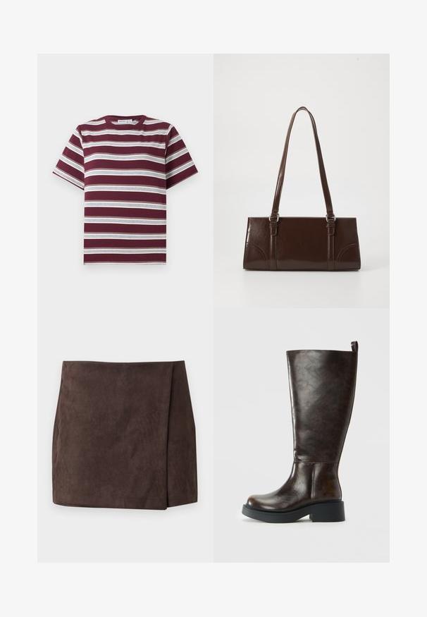 T-shirt bordeaux à manches courtes avec des rayures horizontales blanches et grises, col rond, à plat sur fond blanc.; Mini-jupe en daim marron foncé avec détail de panneau avant asymétrique, taille plate et ourlet droit sur fond uni.; Botte en cuir marron foncé, haute jusqu'au genou, avec bout arrondi, semelle épaisse noire, petit talon bloc et une languette au dos en haut.; Sac à main en cuir verni marron de forme rectangulaire, avec deux longues poignées et des accents courbés subtils à l'avant.