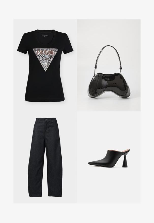 Schwarzes, figurbetontes Guess-T-Shirt mit kurzen Ärmeln und einem metallisch silbernen und bronzefarbenen Dreieck-Logo mit Zebrastripes und dem Schriftzug "Guess U.S.A."; Dunkelblaue Denim-Hose im weiten Schnitt mit hoher Taille, ausgestattet mit einem Metallknopfverschluss, Gürtelschlaufen und klassischem Fünf-Taschen-Design.; Schwarze Leder-Mules mit spitzem Zehenbereich und einzigartigem kegelförmigem Absatz. Glatte Textur und minimalistisches Design, offener Rücken für einfaches Anziehen.; Schwarze Handtasche aus lackiertem Leder mit einer einzigartigen, geschwungenen Form, kurzem verstellbarem Griff und einem Reißverschluss oben. Glatte Textur mit dezentem Branding.